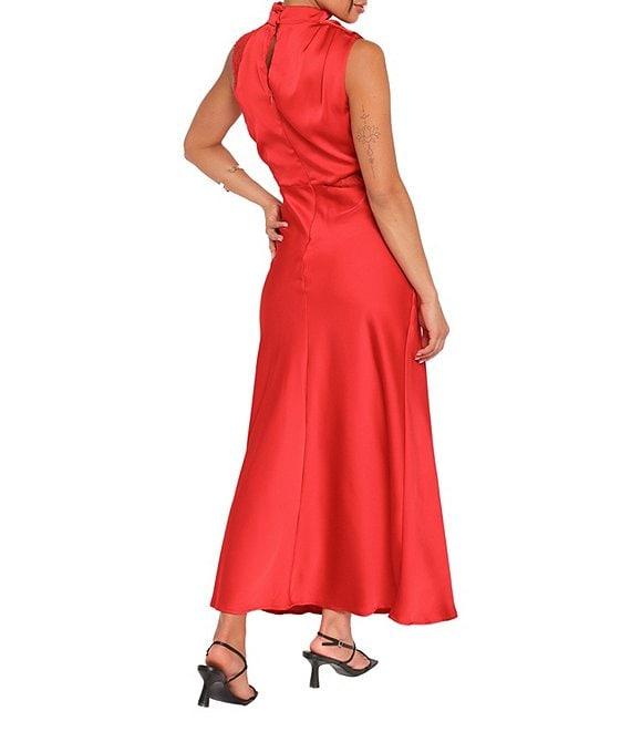 Petal & Pup Anabelle Satin Asymmetric Halter Neck Lace Sleeveless Shift Midi Dress Product Image