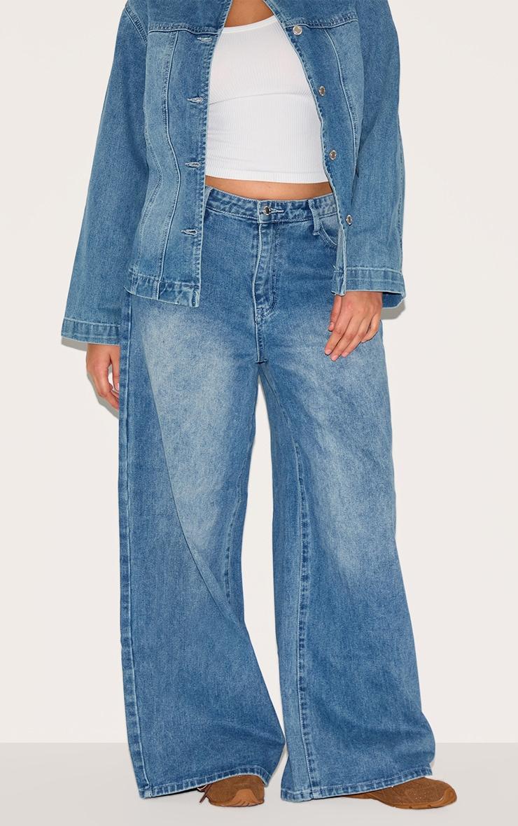  Plus Mid Blue Wash Wide Leg Jeans Product Image