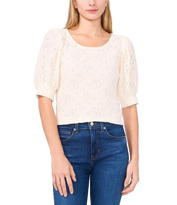 CeCe Knit Floral Round Neck Short Sleeve Top Product Image