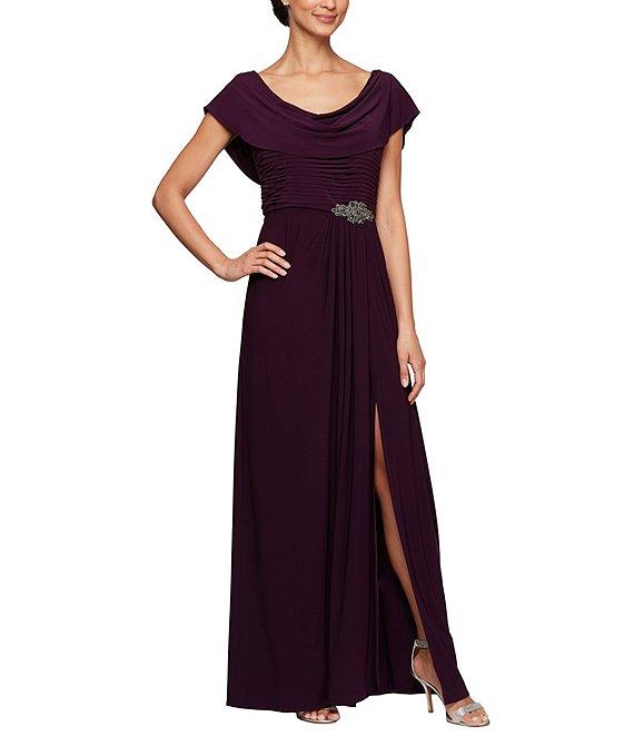 Alex Evenings Matte Jersey Cowl Neck Drape Back Detail Short Sleeve Side Embellishment Pleated Thigh High Slit Long Gown Product Image