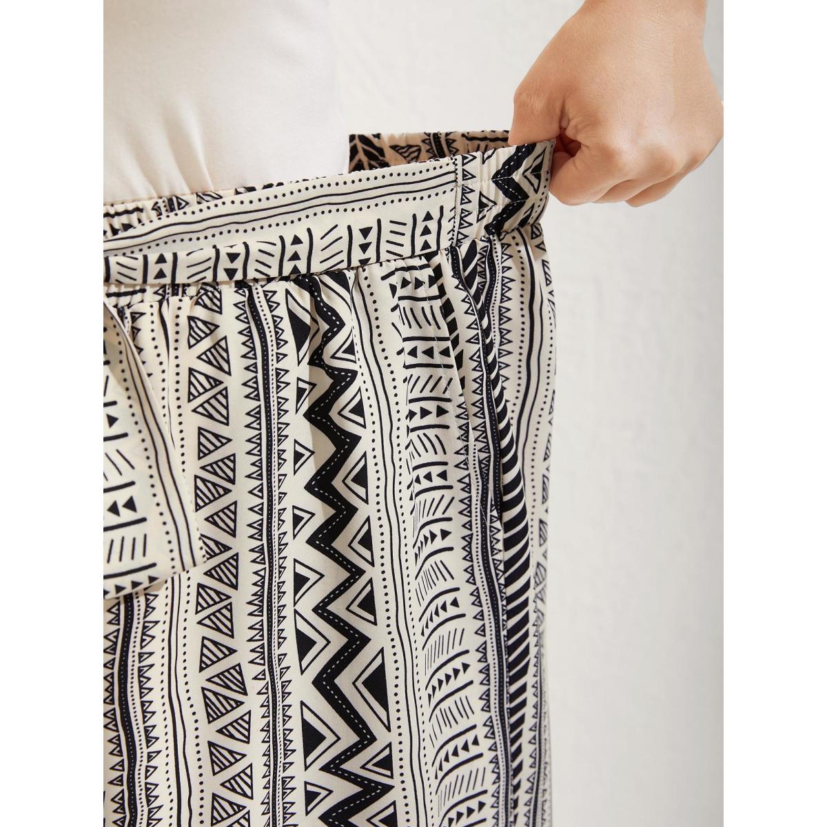 Plus Size Waist-Tie Wide-Leg Boho Print Pants Women Beige Casual Wide Leg Mid Rise Everyday-Casual Pants BloomChic 28/5X Product Image