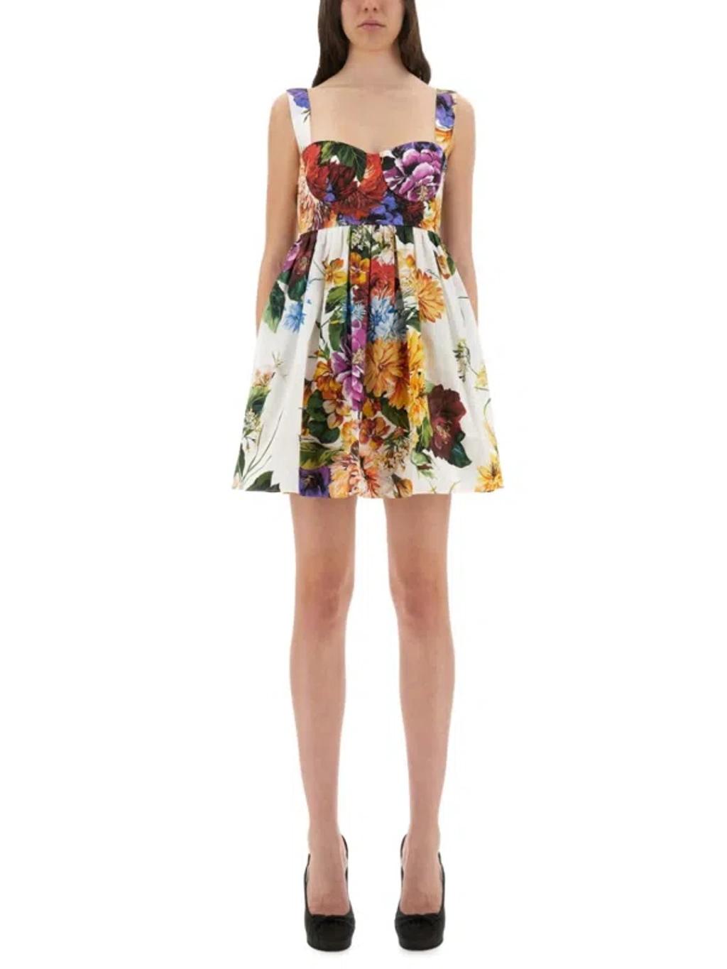 DOLCE & GABBANA Multicolor Sleeveless Dress With Bustier Style Neckline And All-over Floral Print In Cotton Woman Product Image