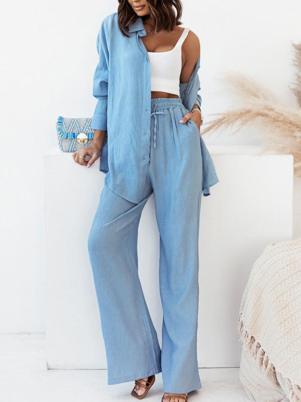 Solid Color High-Low Long Sleeves Lapel Blouses + Drawstring Pants Two Pieces Set Product Image
