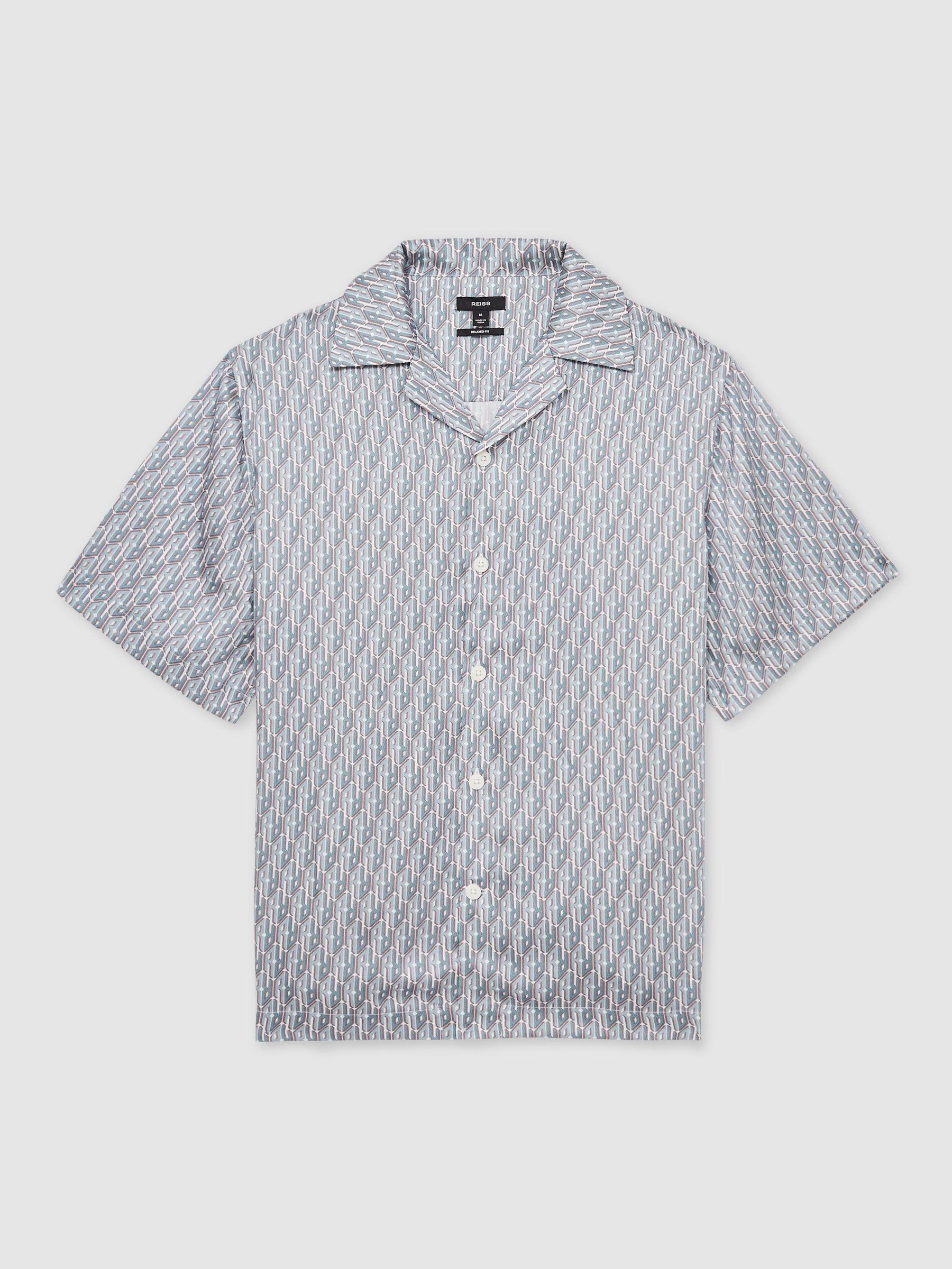 Monogram-Print Cuban-Collar Shirt in Blue Product Image