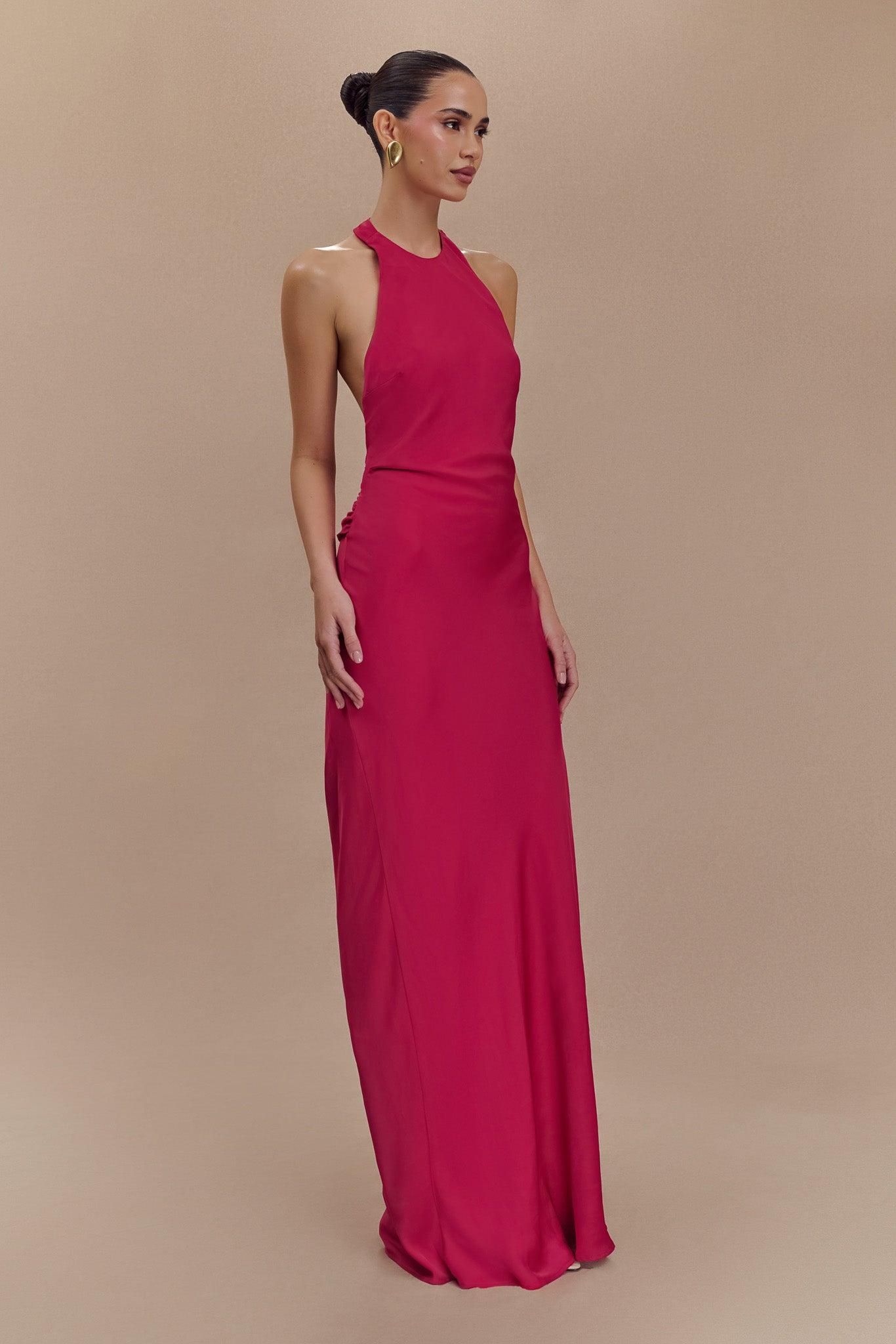 Rinna Satin Halter Maxi Dress - Pink Cherry Product Image