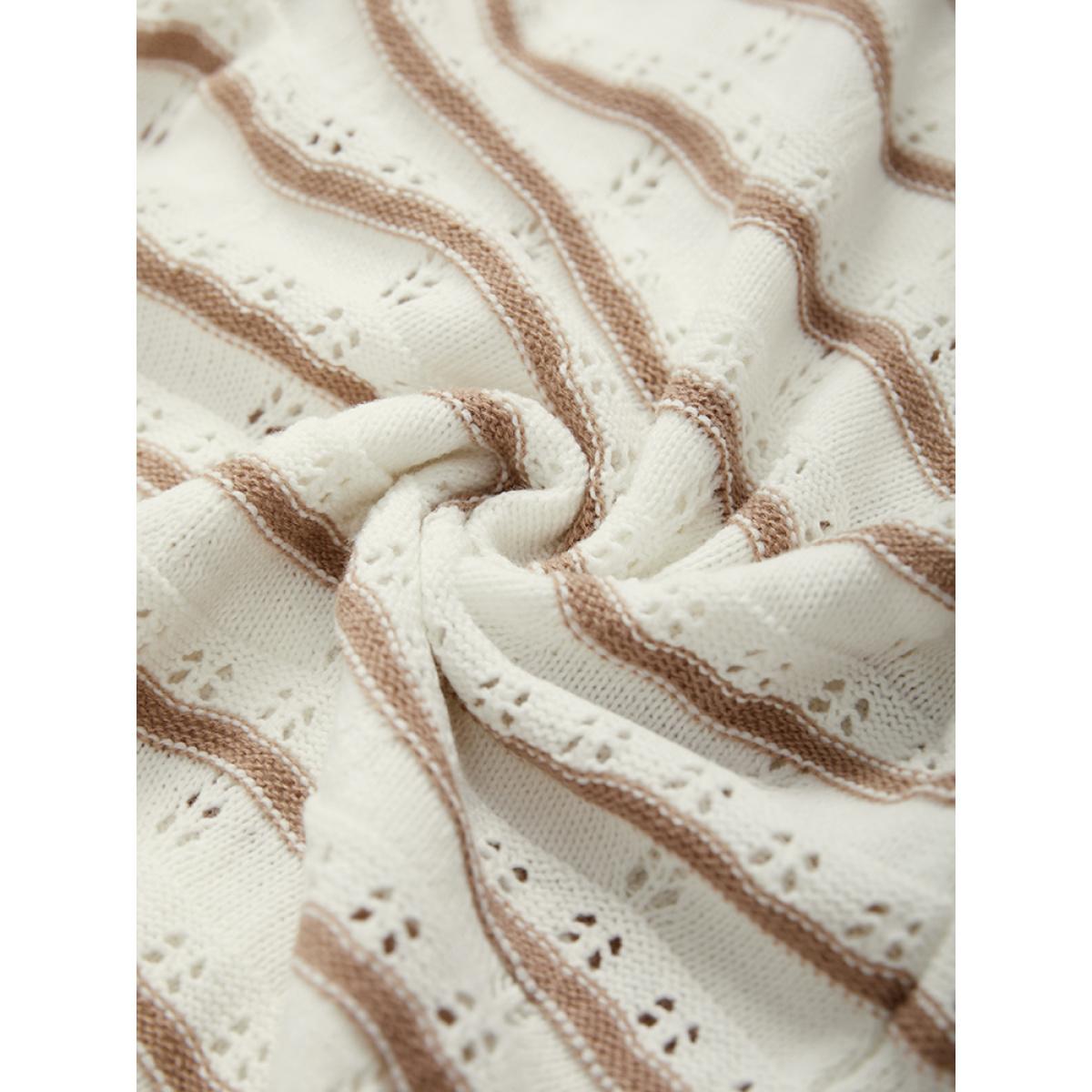 Plus Size Wave Striped Cut Out V Neck Cardigan Beige Women Casual Bodycon Long Sleeve V-neck Dailywear Pullovers BloomChic 28/5X Product Image