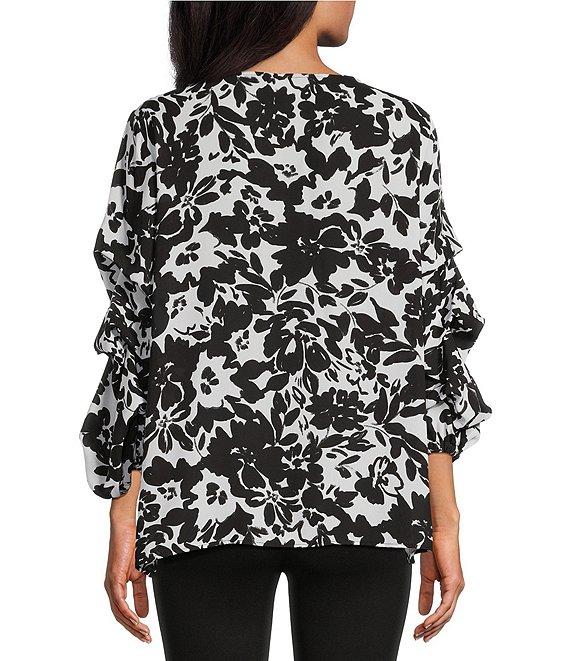 Slim Factor By Investments Black/White Ink Stroked Floral Print Kara Boat Neck 3/4 Tiered Sleeve Top Product Image