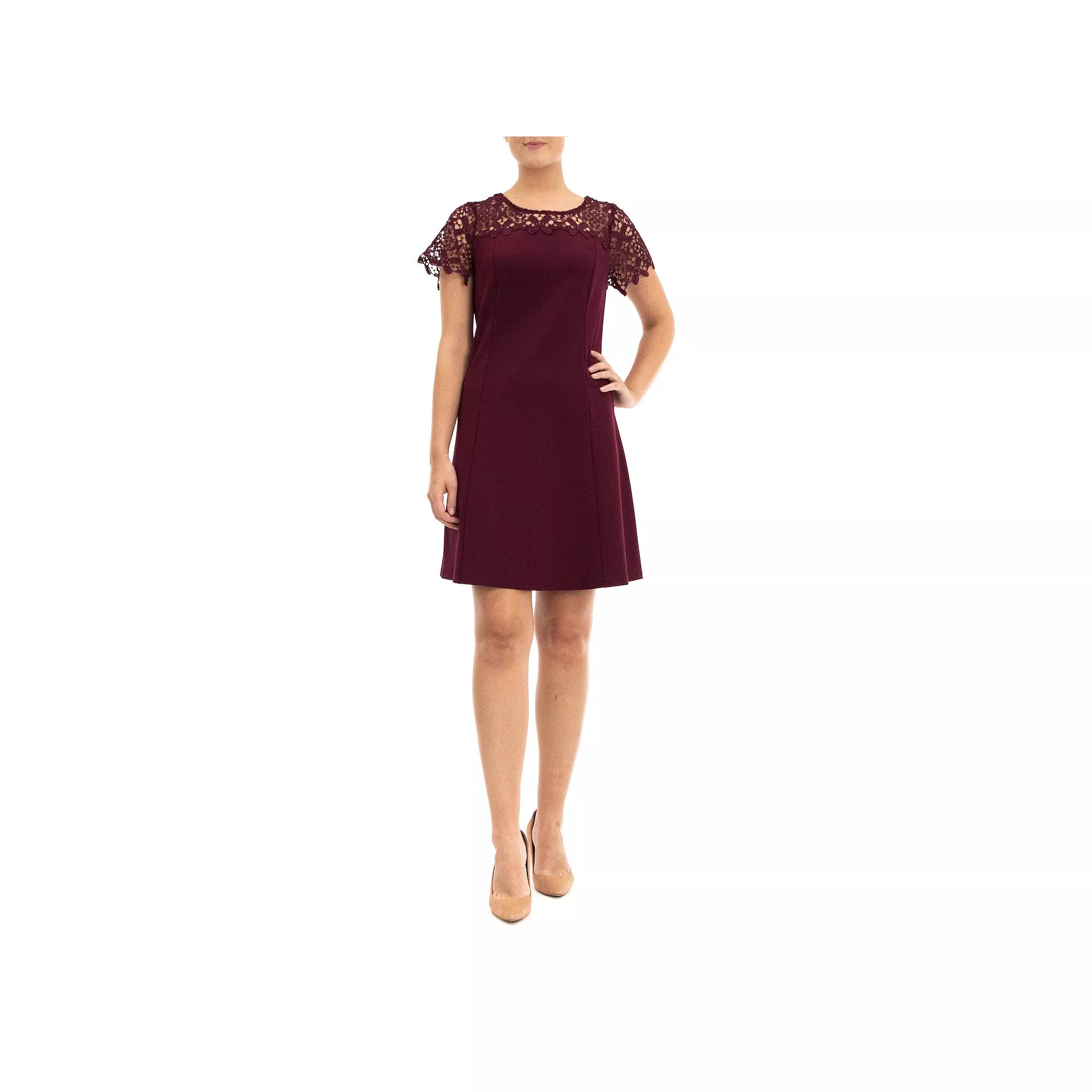 Women's Nina Leonard Lace-Yoke Cap Sleeve A-Line Dress, Size: Large, Deep Red Product Image