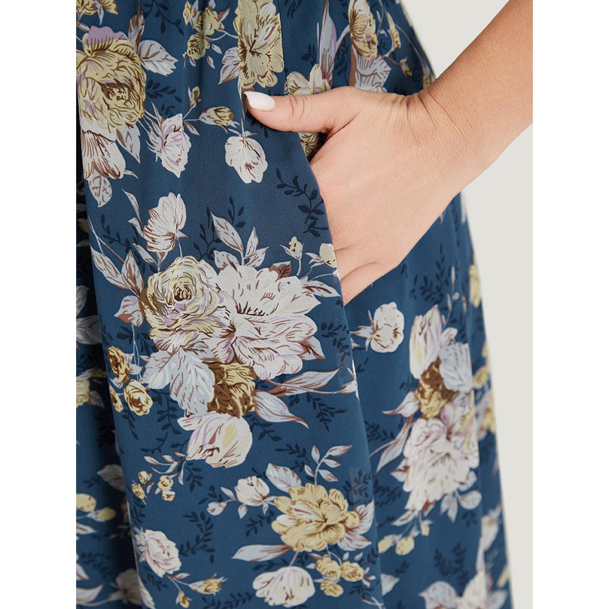 Plus Size Floral Print Surplice Neck Flutter Sleeve Dress Stone Women Elegant Gathered V-neck Short sleeve Curvy Midi Dress BloomChic 30/6X Product Image