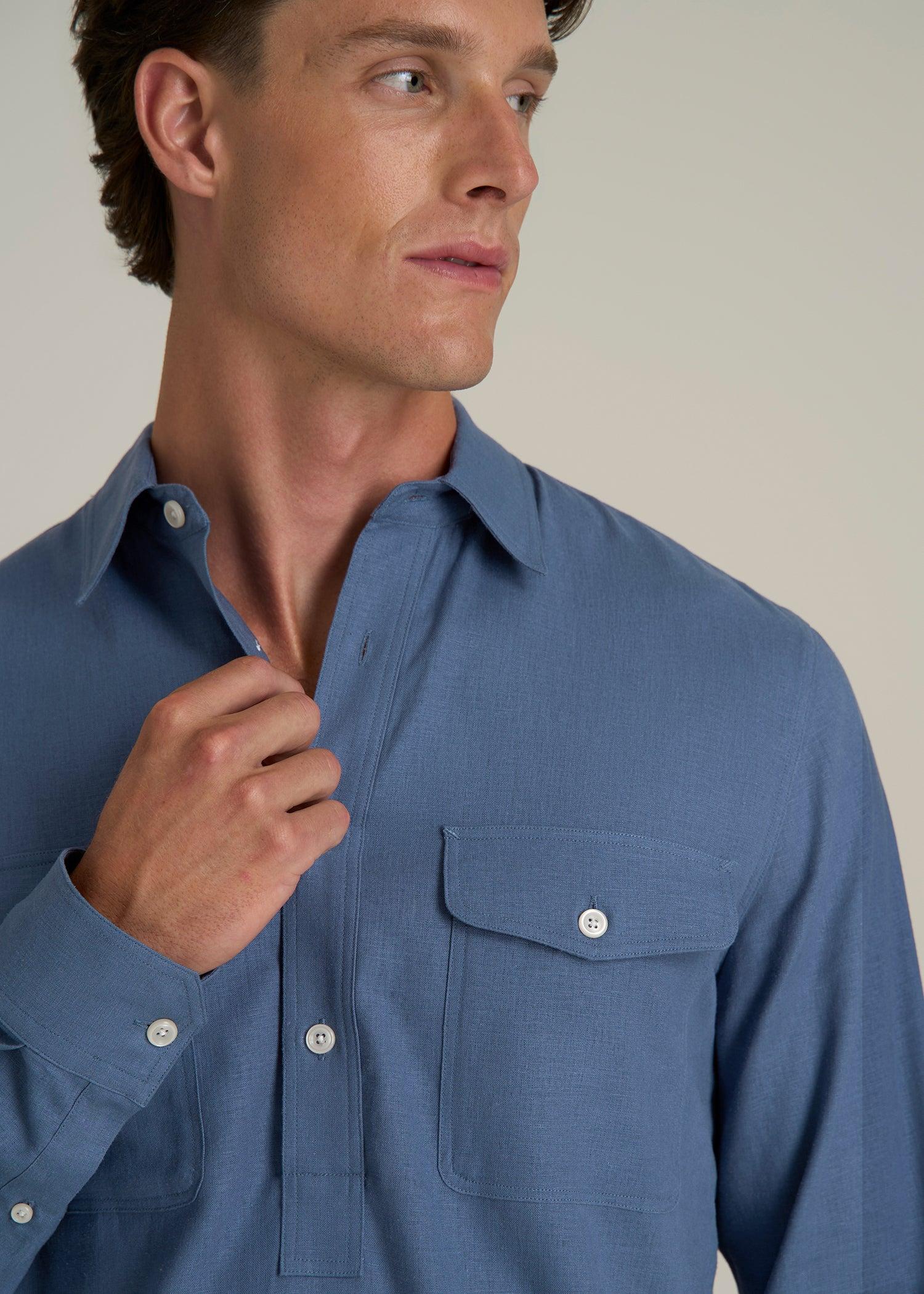 Linen Popover Shirt for Tall Men in Deep Cobalt Male Product Image