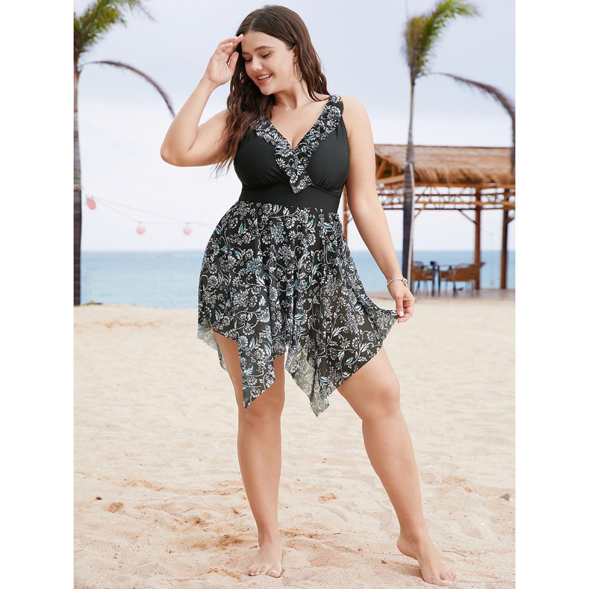 Plus Size Ruffle Trim Hanky Hem Floral Contrast Swim Dress Women's Swimwear BlackFlower Vacation Bodycon V-neck High stretch Curve Swim Dresses BloomChic 14-16/1X Product Image
