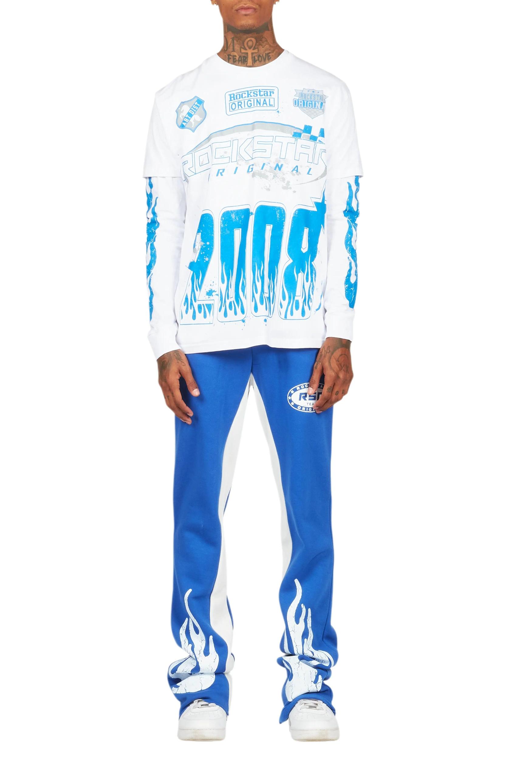 Amos White/Royal Double Layer T-Shirt/Stacked Baggy Pant Set Male Product Image