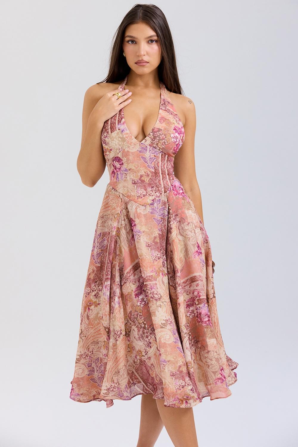 Solada  paisley patchwork print georgette halter sundress Product Image
