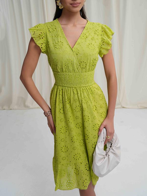 A-Line Loose Elasticity Hollow Pleated Solid Color V-Neck Mini Dresses Product Image