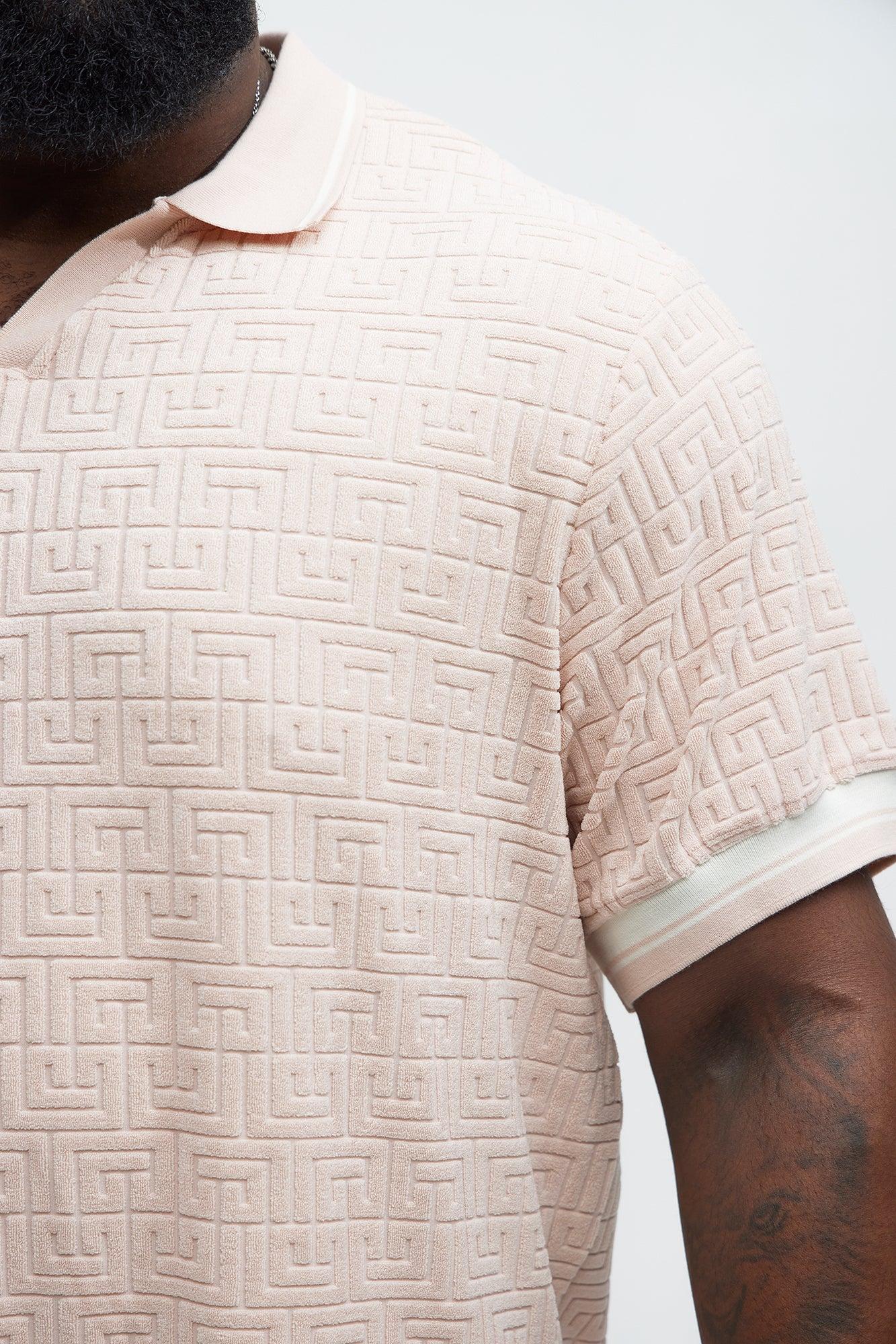 Grecian Textured Johnny Collar Polo Shirt - Pink Product Image