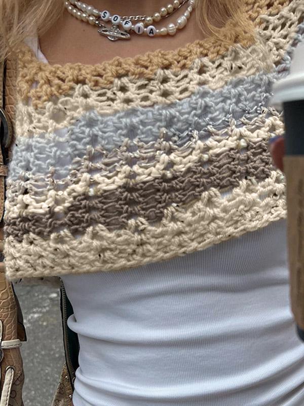 Super Crop Long Sleeve Knit Striped Crochet Top Product Image