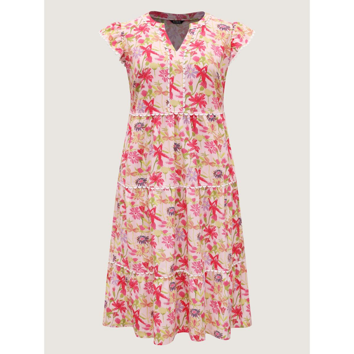 Plus Size Floral Color Block Lace Trim Midi Dress Blush Women Playful Woven ribbon&lace trim Notched collar Cap Sleeve Curvy BloomChic 10/M Product Image