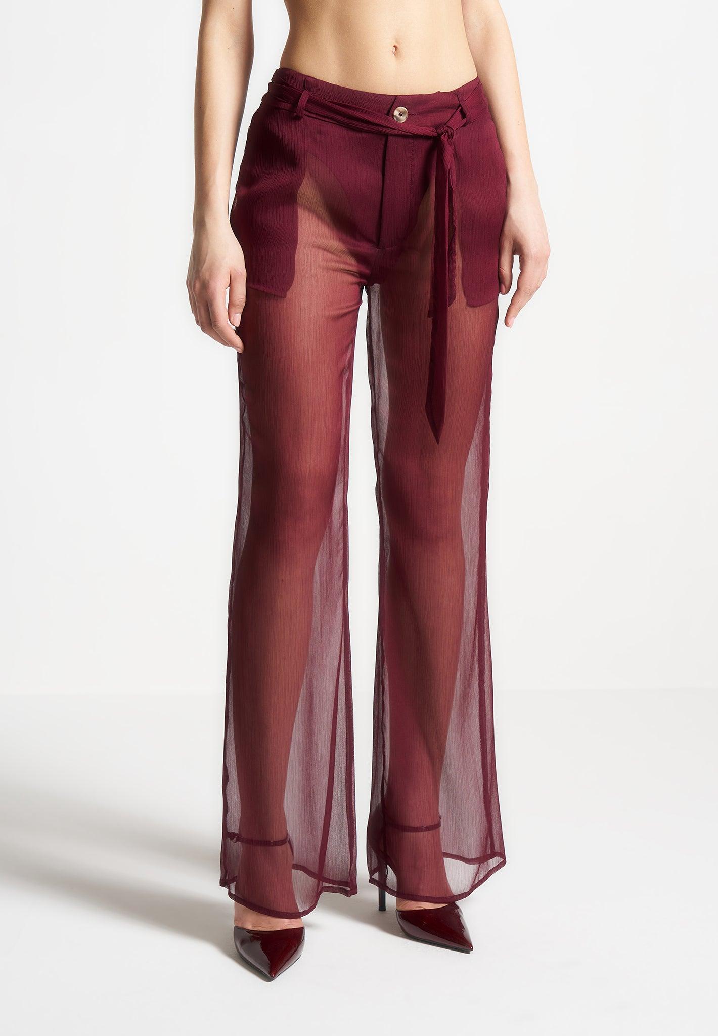 Sheer Belted Trousers - Wine Red Female Product Image