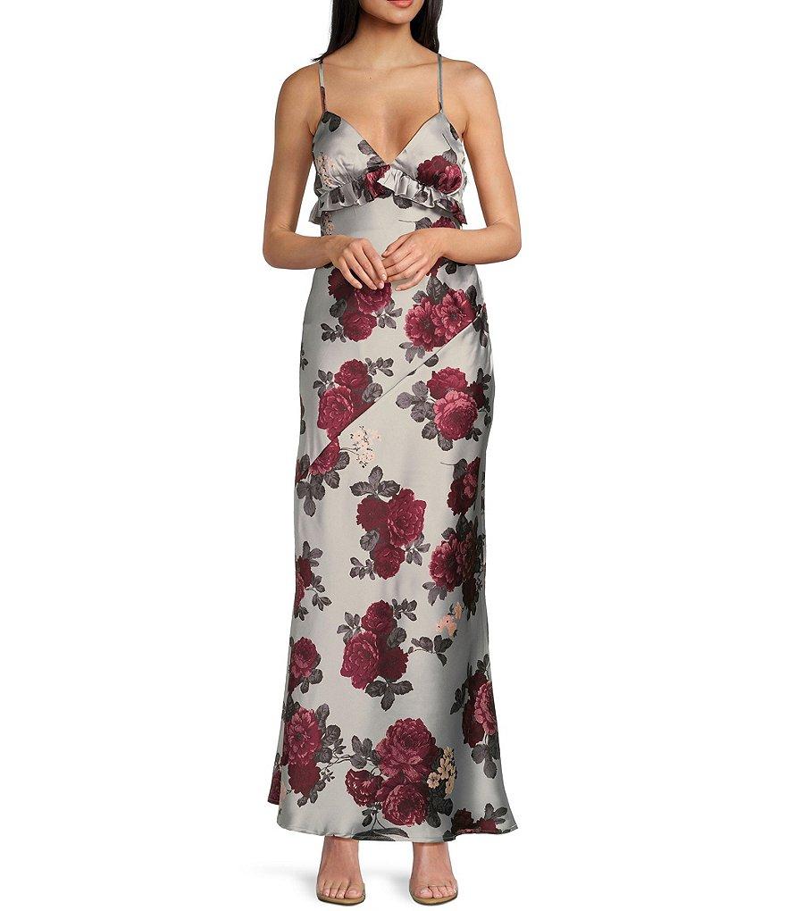 Pear Culture Floral Printed Satin V-Neck Spaghetti Strap Ruffle Long Dress Product Image