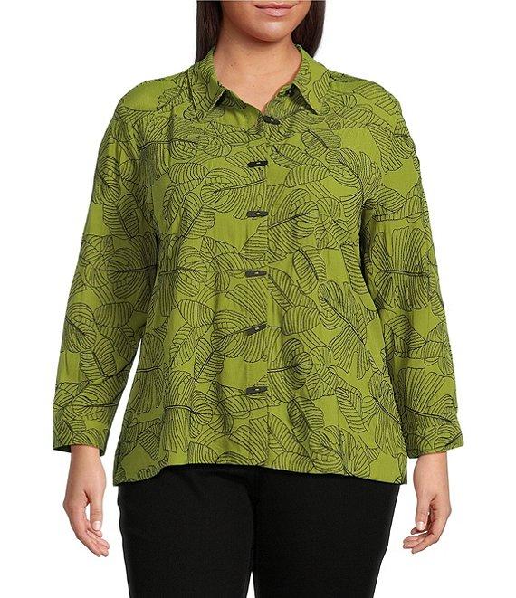 Ali Miles Plus Size Woven Allover Floral Embroidered Point Collar Long Sleeve Button Front Tunic Product Image