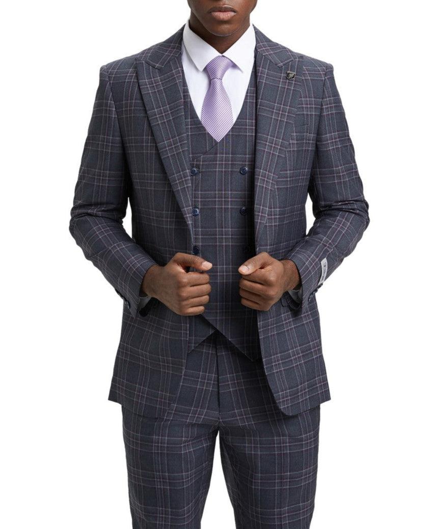 Stacy Adams - Grey 3 Piece 2 Button Plaid Peak Lapel Suit Product Image