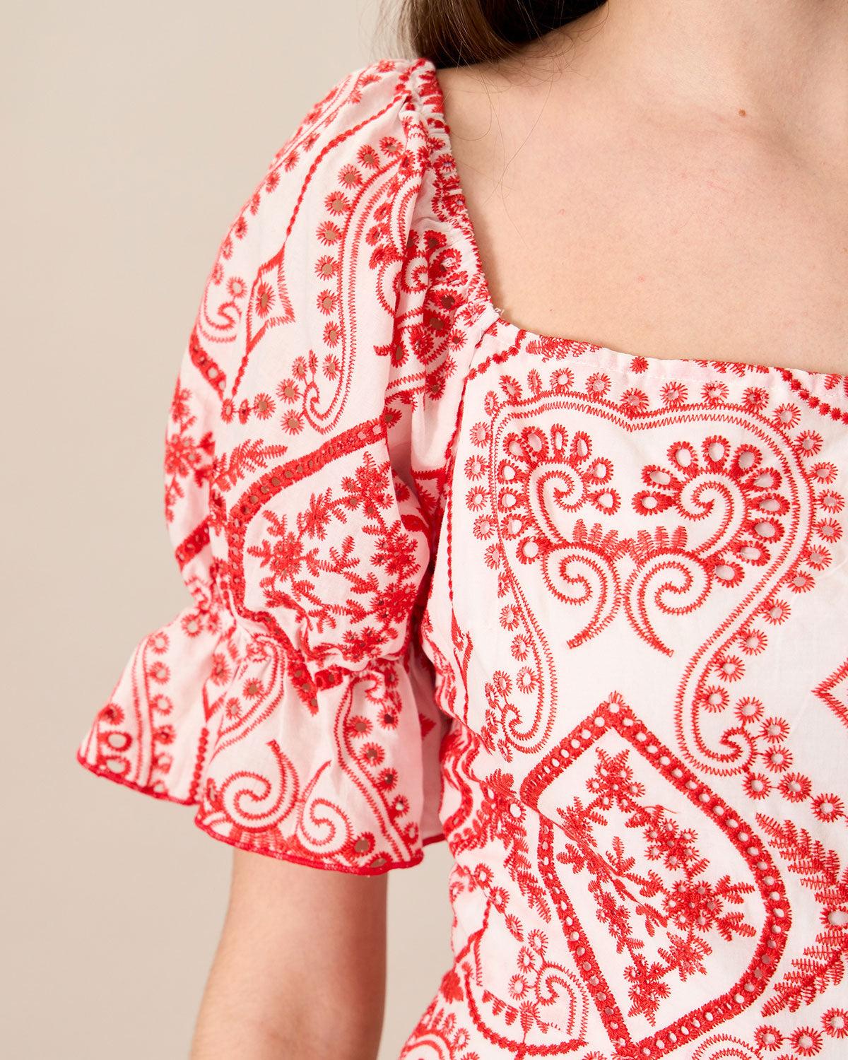 Women's Geometric Embroidery Ruffle Cotton Midi Dress Female Product Image