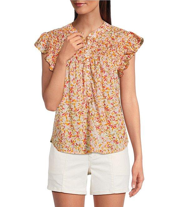 Dear John Rose Floral Print Split V-Neck Ruffle Cap Sleeve Top Product Image
