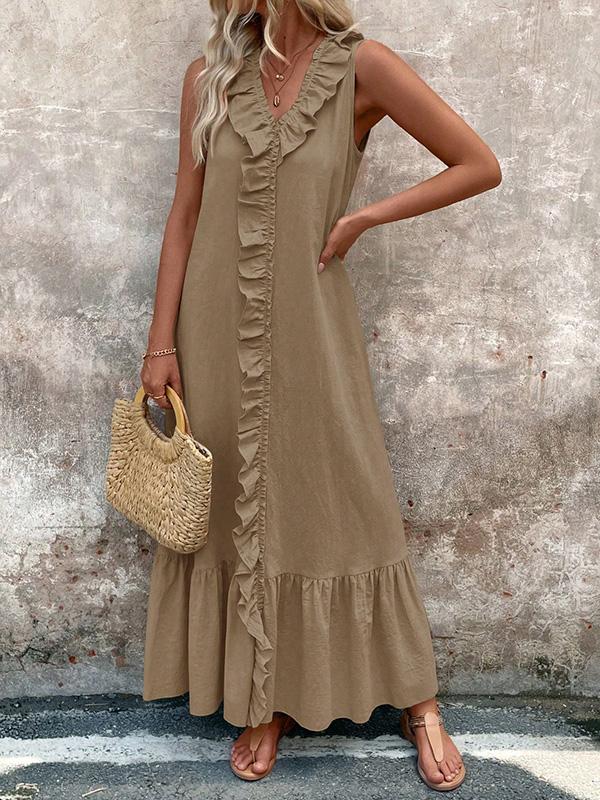 A-Line Loose Pleated Ruffle Trim Solid Color V-Neck Maxi Dresses Product Image