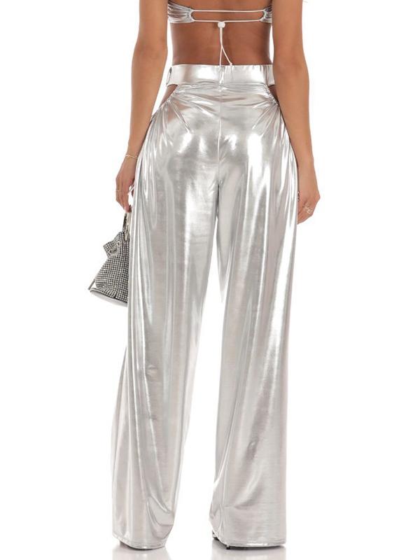 Metallic Cutout Drawstring Wide Leg Pants Product Image
