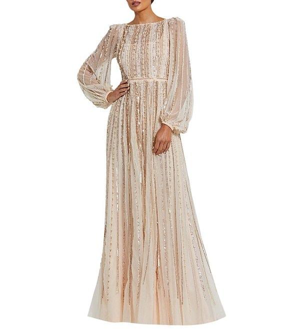 Mac Duggal Embellished Mesh Striped Beaded Boat Neck Long Sleeve Gown Product Image