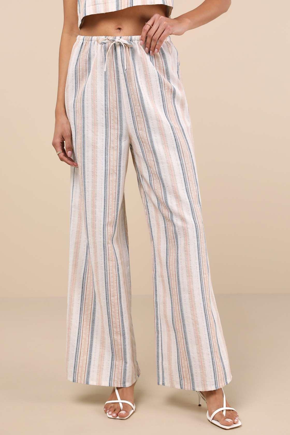 Raylon White Multi Striped Wide-Leg Pants Product Image