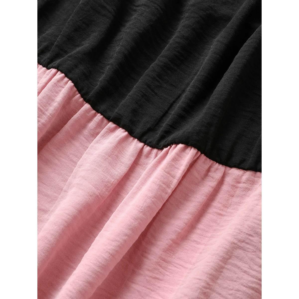 Plus Size Colorblock Contrast Patchwork Gathered Raglan Sleeve Dress Black Women Casual Non Square Neck Short sleeve Curvy Midi Dress BloomChic 10/M Product Image