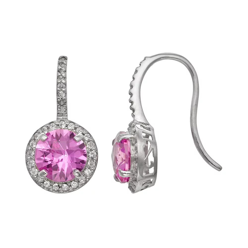 Sterling Silver Lab-Created Pink Sapphire and Lab-Created White Sapphire Halo Drop Earrings, Women's, Multi Product Image