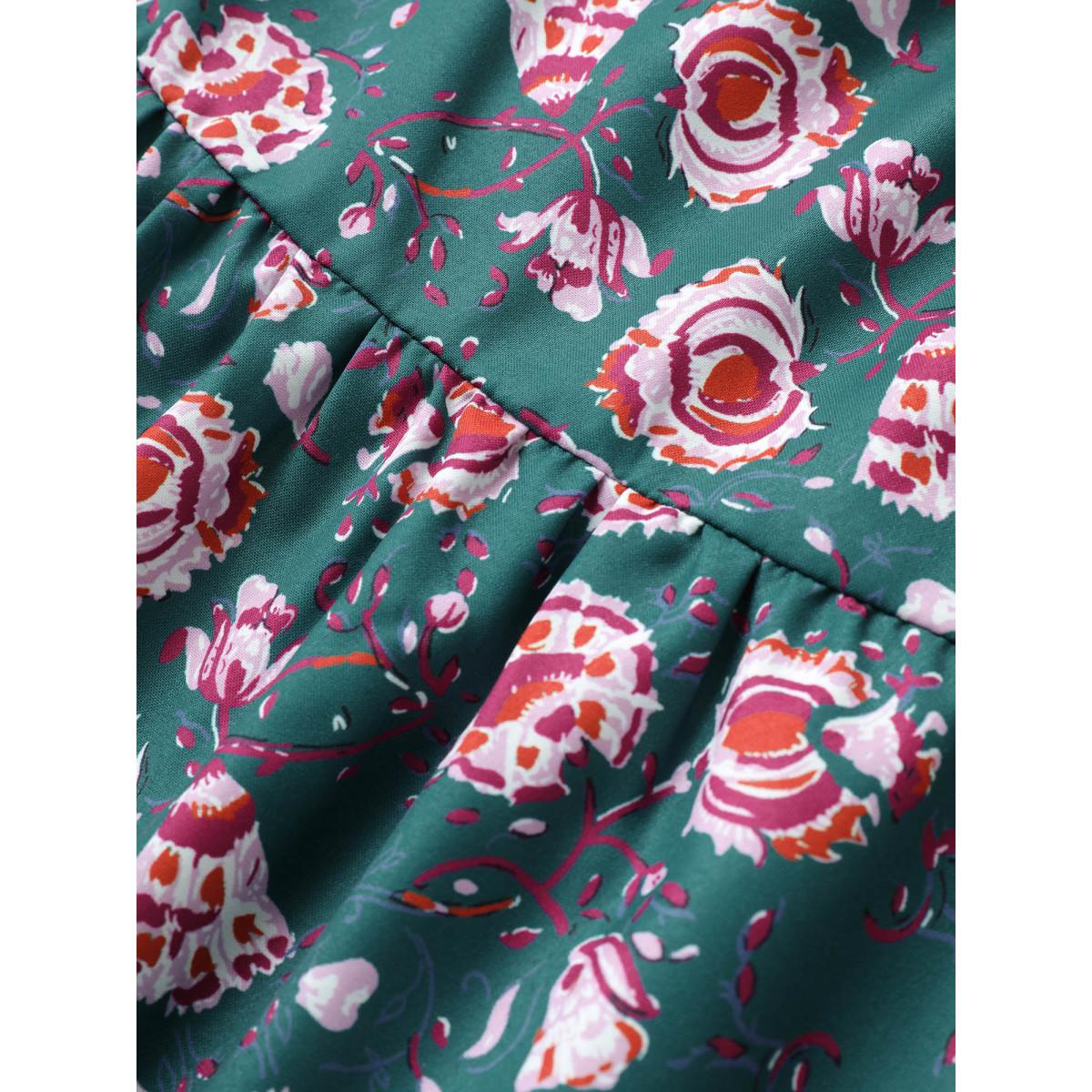 Plus Size Bandana Floral Print Lantern Sleeve Gathered Dress Emerald Women Resort Non Round Neck Elbow-length sleeve Curvy Midi Dress BloomChic 18-20/2X Product Image