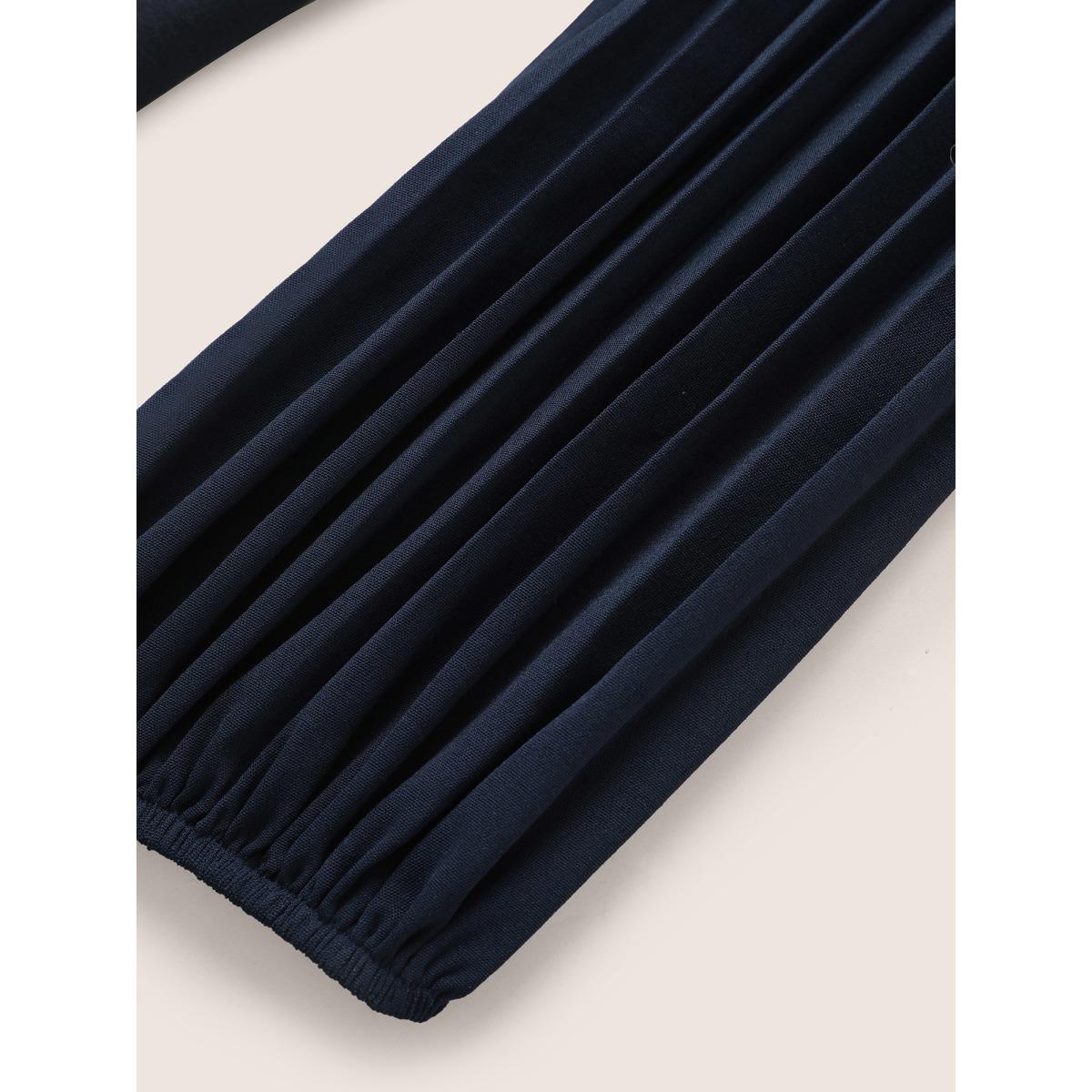 Plus Size Solid Lantern Sleeve Patchwork Pleated T-shirt Midnight Women Casual Pleated Plain V-neck Everyday T-shirts BloomChic 26/4X Product Image