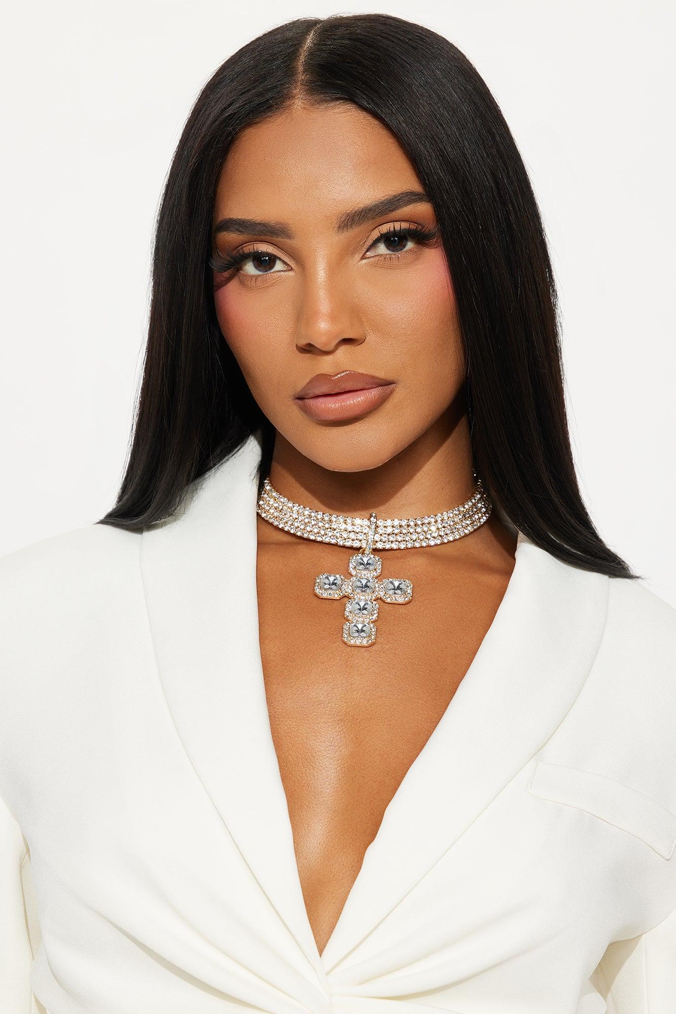 Saintly Shine Embellished Cross Choker Necklace - Gold Female Product Image