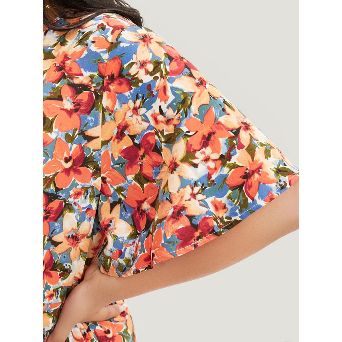 Plus Size Floral Printed Ruffle Sleeve Pocket Surplice Neck Flutter Dress Multicolor Women Elegant Cross straps V-neck Short sleeve Curvy Midi Dress BloomChic 12/L Product Image