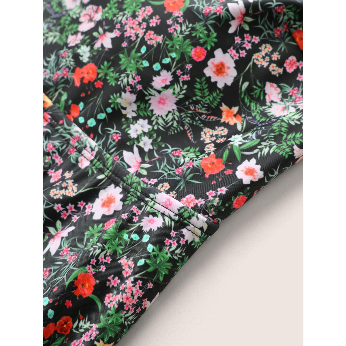 Plus Size Ditsy Floral Ruffles Cold Shoulder Swim Dress Women's Swimwear Black Beach Bodycon One-shoulder neck High stretch Curve Swim Dresses BloomChic 14-16/1X Product Image