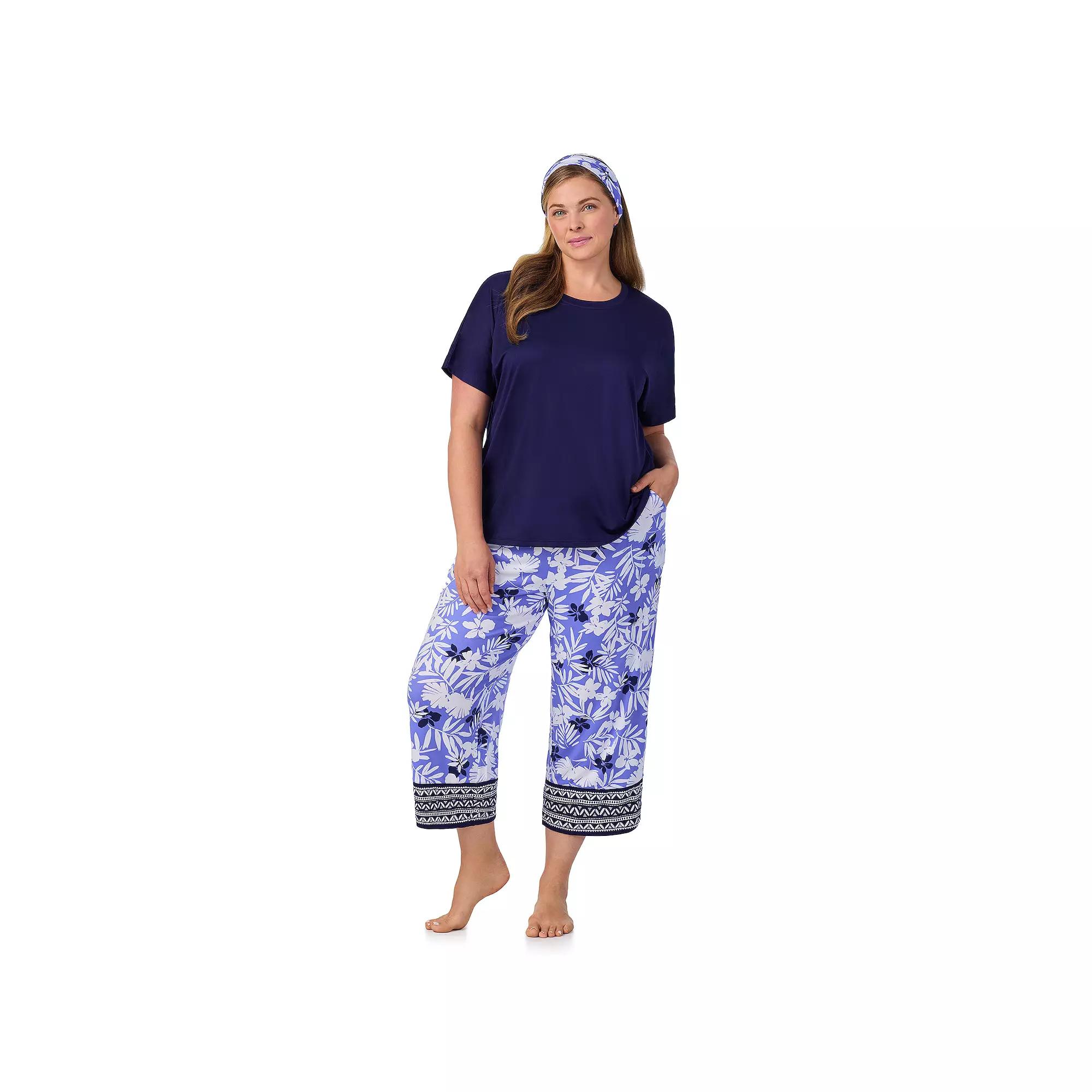Plus Size Cuddl Duds® 2-pc. Pajama Crewneck Top & Pajama Capri Pants Set with Matching Headband, Women's, Size: 1XL, Purple Mono Floral Product Image