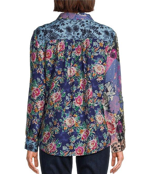 Tru Luxe Jeans Floral Patchwork Print Collared Neck Roll Tab Sleeve Top Product Image