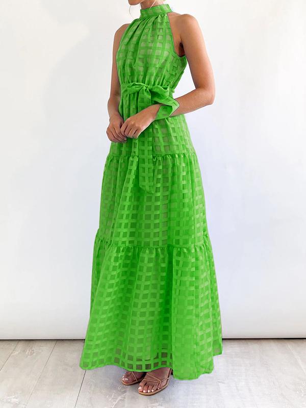 Loose Sleeveless Plaid Ribbed Stand Collar Maxi Dresses Product Image