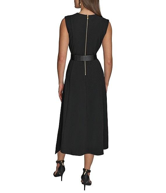 Donna Karan Crepe Crew Neck Sleeveless Belted Asymmetrical Hemline Midi Sheath Dress Product Image