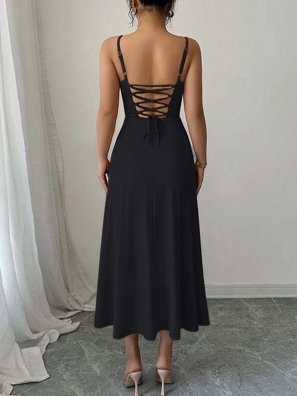 A-Line High Waisted Backless Pleated Solid Color Spaghetti-Neck Midi Dresses Product Image