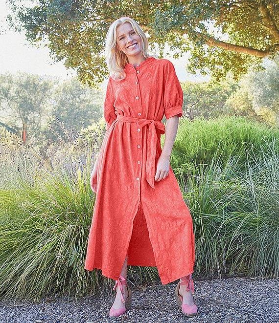 Bryn Walker Augustina Floral Cotton Jacquard Banded Collar Elbow Sleeve Button Front Maxi Dress Product Image