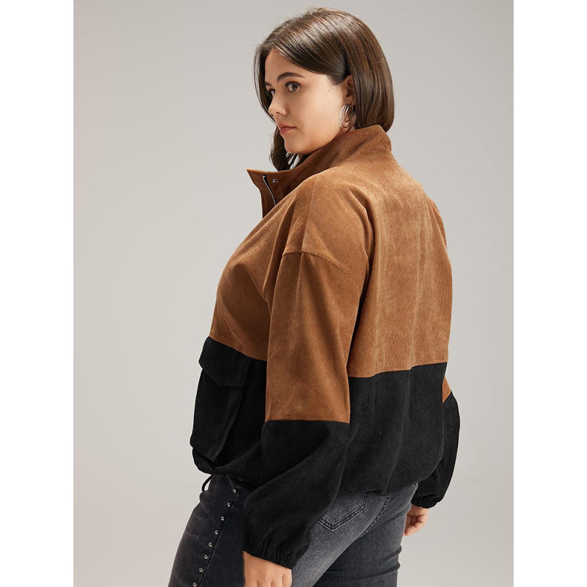 Plus Size Two Tone Zipper Pocket Button Up Jacket Women Black Elastic cuffs Pocket Dailywear Jackets BloomChic 28/5X Product Image