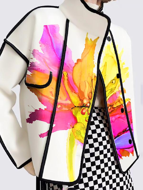 Long Sleeves Loose Buttoned Flower Print Pockets Split-Joint Stand Collar Outerwear Product Image