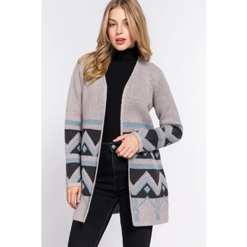 Women's Long Sleeve Gray Southwest Print Cardigan Sweater Product Image