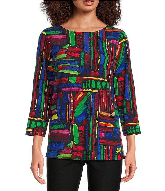 Ali Miles Knit Brushstroke Print Round Neck 3/4 Sleeve Top Product Image