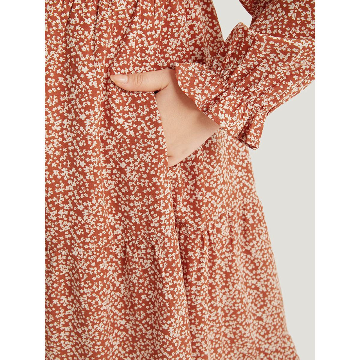 Plus Size Ditsy Floral Pocket Shirred Ties Dress Rust Women Elegant Elastic cuffs Square Neck Long Sleeve Curvy Midi Dress BloomChic 26/4X Product Image