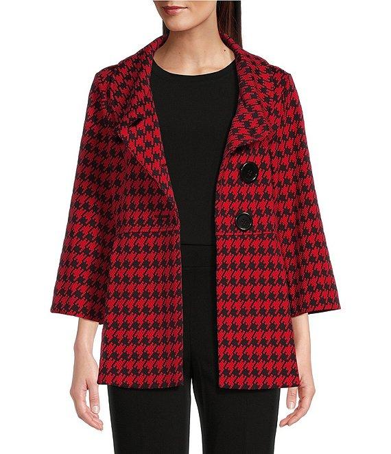 Ali Miles Stretch Jacquard Houndstooth Collared 3/4 Sleeve Button Up Jacket Product Image